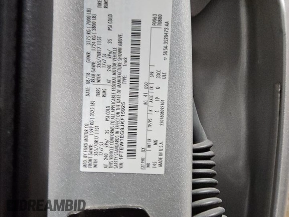 2018 Ford F-150 XL with VIN 1FTEW1EG9JKF15925, listed as a Copart auction lot 48240255 with 158,422 mi miles and Clean title. Bid and sale history available at DreamBid. Image 12.
