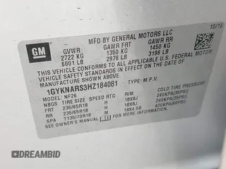 2017 Cadillac XT5 FWD with VIN 1GYKNARS3HZ184081, listed as a IAAI auction lot 41795974 with 109,032 mi miles. Bid and sale history available at carsss.com. Image 9.