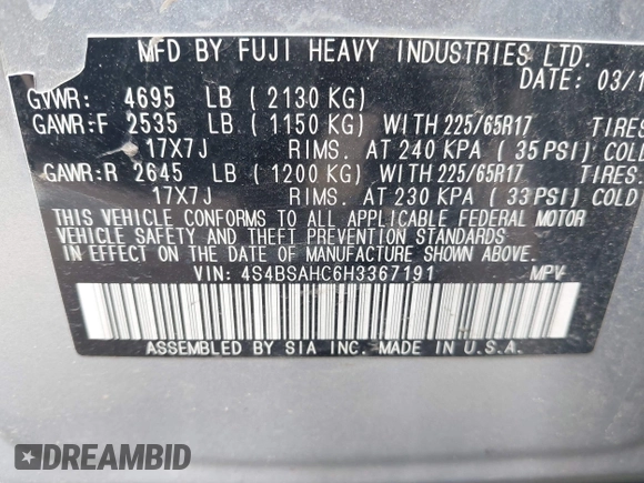 2017 Subaru Outback Premium with VIN 4S4BSAHC6H3367191, listed as a IAAI auction lot 42281789 with 91,924 mi miles and . Bid and sale history available at DreamBid. Image 9.