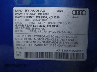 2021 Audi SQ5 Premium Plus with VIN WA1B4AFY4M2002578, listed as a IAAI auction lot 41153466 with 12,904 mi miles and . Bid and sale history available at DreamBid. Image 9.