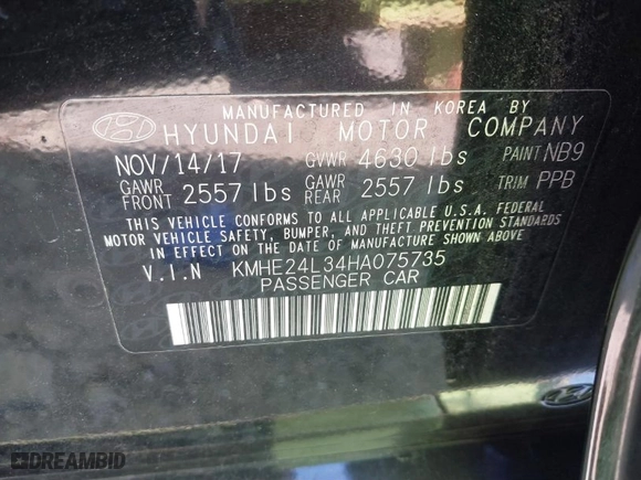 2017 Hyundai Sonata Hybrid SE with VIN KMHE24L34HA075735, listed as a IAAI auction lot 41650638 with 74,235 mi miles. Bid and sale history available at carsss.com. Image 9.