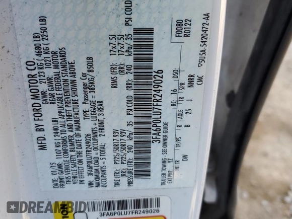 2015 Ford Fusion SE Hybrid with VIN 3FA6P0LU7FR249026, listed as a Copart auction lot 51867715 with 182,340 mi miles and Salvage Title. Bid and sale history available at DreamBid. Image 13.