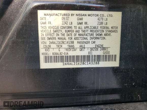 2008 Nissan Altima 2.5 S with VIN 1N4AL21E28C143288, listed as a Copart auction lot 53688345 with 165,280 mi miles and Salvage Title. Bid and sale history available at carsss.com. Image 12.
