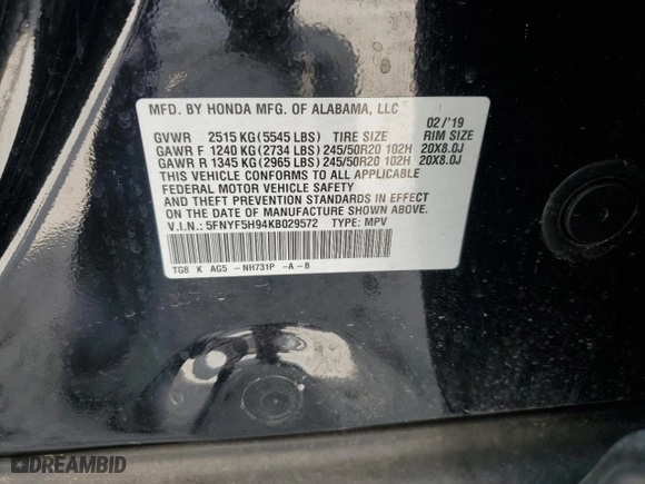 2019 Honda Pilot Touring 8-Passenger with VIN 5FNYF5H94KB029572, listed as a Copart auction lot 54363265 with 149,825 mi miles and Salvage Title. Bid and sale history available at carsss.com. Image 13.