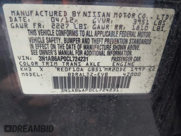 2012 Nissan Sentra SR with VIN 3N1AB6AP0CL724231, listed as a IAAI auction lot 42376501 with 66,333 mi miles and . Bid and sale history available at DreamBid. Image 9.