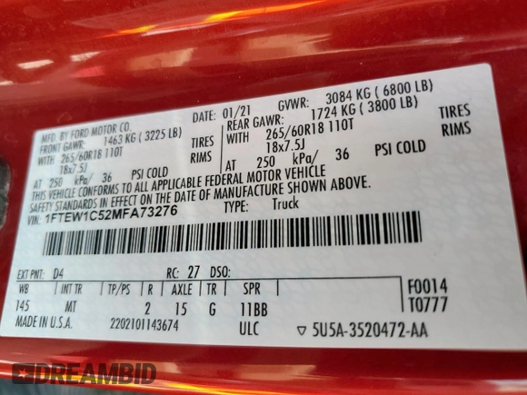2021 Ford F-150 XL with VIN 1FTEW1C52MFA73276, listed as a Copart auction lot 61730665 with 163,262 mi miles and Salvage title. Bid and sale history available at DreamBid. Image 12.