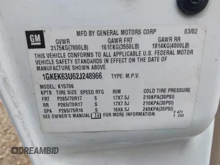2002 GMC Yukon Denali z VIN 1GKEK63U62J248966, wystawiony jako IAAI lot #42366016 z przebiegiem 190 804 mil mil oraz . Historia ofert i sprzedaży dostępna na DreamBid. Obrazek 9.
