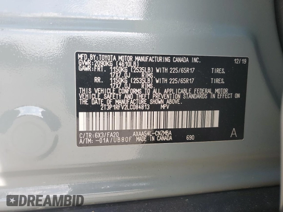 2020 Toyota RAV4 XLE with VIN 2T3P1RFV2LC084813, listed as a Copart auction lot 59567615 with 126,676 mi miles and Salvage title. Bid and sale history available at DreamBid. Image 13.