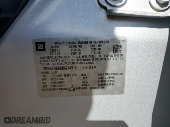 2013 Chevrolet Equinox LT z VIN 2GNFLNEK0D6244910, wystawiony jako Copart lot #55695375 z przebiegiem 121 715 mil mil oraz Szkoda całkowita • Salvage title. Historia ofert i sprzedaży dostępna na DreamBid. Obrazek 12.