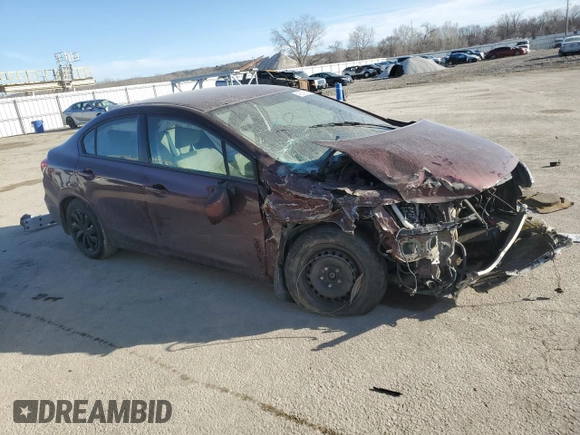2013 Honda Civic LX with VIN 19XFB2F54DE037147, listed as a Copart auction lot 46339035 with Not Provided miles and Salvage Title. Bid and sale history available at DreamBid. Image 4.