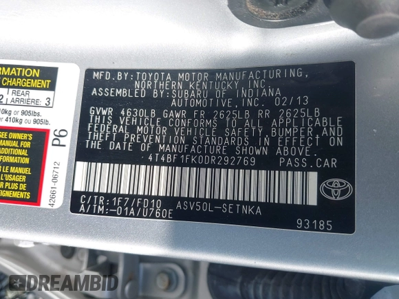 2013 Toyota Camry L with VIN 4T4BF1FK0DR292769, listed as a IAAI auction lot 41993916 with 112,164 mi miles. Bid and sale history available at carsss.com. Image 9.