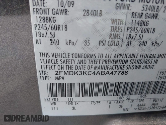 2010 Ford Edge Limited with VIN 2FMDK3KC4ABA47788, listed as a IAAI auction lot 42088059 with 206,744 mi miles. Bid and sale history available at carsss.com. Image 9.