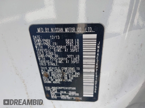 2014 Nissan Quest S with VIN JN8AE2KP7E9107596, listed as a IAAI auction lot 42745979 with 180,780 mi miles and . Bid and sale history available at DreamBid. Image 9.