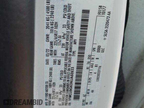 2022 Ford Escape SE z VIN 1FMCU9G63NUA60933, wystawiony jako Copart lot #58528345 z przebiegiem 210 135 mil mil oraz Czysty tytuł • Clean title. Historia ofert i sprzedaży dostępna na DreamBid. Obrazek 12.