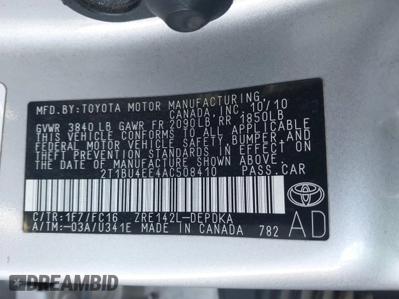 2010 Toyota Corolla with VIN 2T1BU4EE4AC508410, listed as a IAAI auction lot 41309015 with 156,575 mi miles. Bid and sale history available at carsss.com. Image 9.