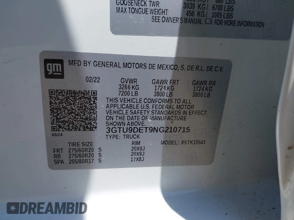 2022 GMC Sierra 1500 SLT with VIN 3GTU9DET9NG210715, listed as a IAAI auction lot 41870747 with 61,371 mi miles and . Bid and sale history available at DreamBid. Image 9.