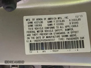 2014 Honda Accord EX-L with VIN 1HGCR2F82EA062207, listed as a IAAI auction lot 39063521 with 116,835 mi miles and . Bid and sale history available at carsss.com. Image 9.