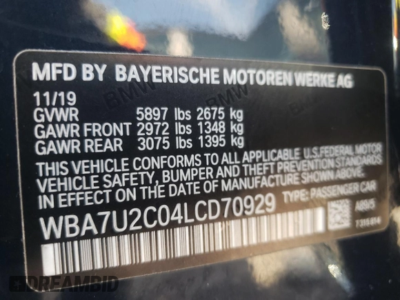 2020 BMW 7 Series 750i xDrive with VIN WBA7U2C04LCD70929, listed as a Copart auction lot 69319703 with 21,729 mi miles. Bid and sale history available at carsss.com. Image 13.