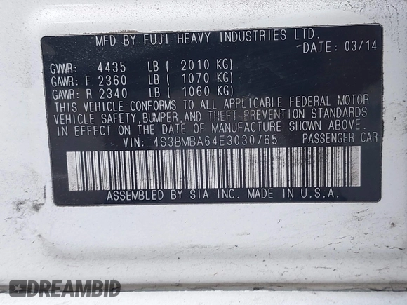 2014 Subaru Legacy 2.5i with VIN 4S3BMBA64E3030765, listed as a IAAI auction lot 42491724 with 110,621 mi miles and . Bid and sale history available at DreamBid. Image 9.