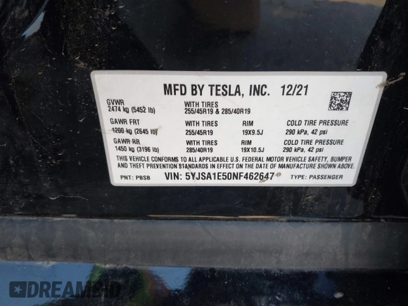 2022 Tesla Model S with VIN 5YJSA1E50NF462647, listed as a IAAI auction lot 41354668 with Not Provided miles and . Bid and sale history available at DreamBid. Image 9.