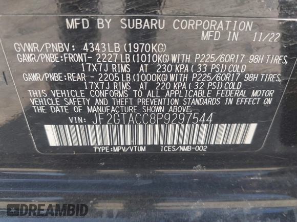 2023 Subaru Crosstrek Premium с VIN JF2GTACC8P9297544, выставлен на аукционе IAAI как лот 41781821 с пробегом 40 398 миль миль и . История ставок и продаж доступна на DreamBid. Изображение 9.