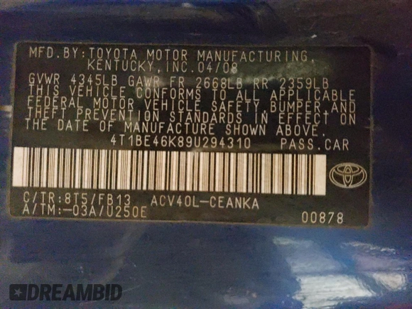 2009 Toyota Camry with VIN 4T1BE46K89U294310, listed as a Copart auction lot 54406445 with 175,436 mi miles and Salvage Title. Bid and sale history available at DreamBid. Image 12.