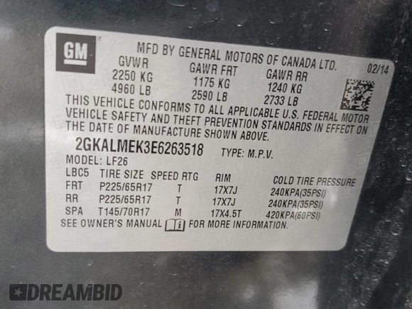 2014 GMC Terrain SLE with VIN 2GKALMEK3E6263518, listed as a Copart auction lot 45671745 with 139,008 mi miles and Salvage title. Bid and sale history available at DreamBid. Image 13.