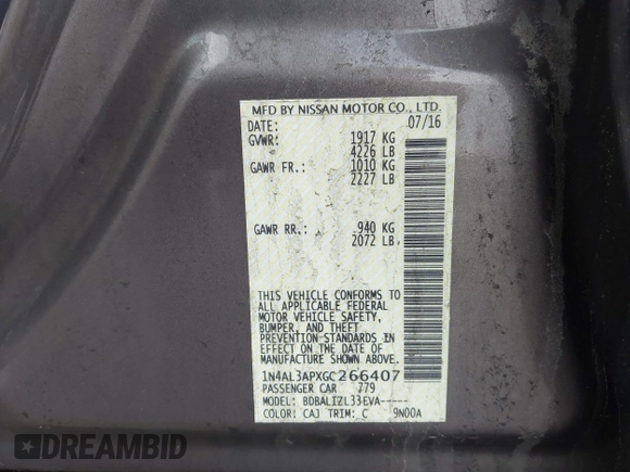 2016 Nissan Altima S with VIN 1N4AL3APXGC266407, listed as a IAAI auction lot 41727634 with 127,936 mi miles and . Bid and sale history available at DreamBid. Image 9.