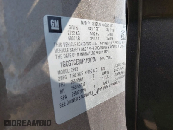 2015 Chevrolet Colorado 4WD Z71 with VIN 1GCGTCE38F1190708, listed as a IAAI auction lot 42686524 with 152,110 mi miles and . Bid and sale history available at DreamBid. Image 9.