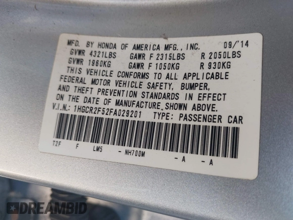 2015 Honda Accord Sport with VIN 1HGCR2F52FA029201, listed as a IAAI auction lot 42135014 with 203,855 mi miles and . Bid and sale history available at DreamBid. Image 9.