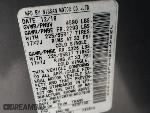 2020 Nissan Rogue SV with VIN JN8AT2MT4LW037909, listed as a Copart auction lot 42074155 with 40,894 mi miles and Non Repairable. Bid and sale history available at carsss.com. Image 15.