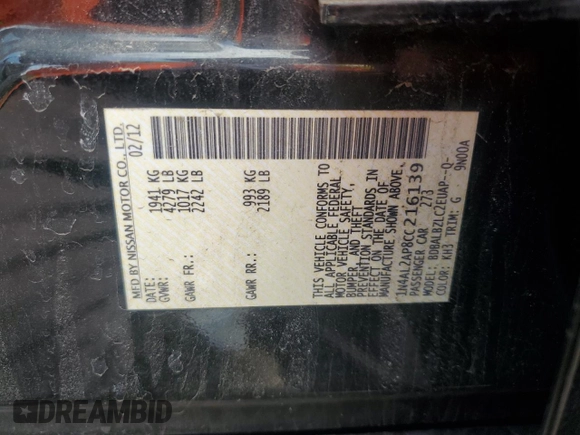 2012 Nissan Altima 2.5 S with VIN 1N4AL2AP8CC216139, listed as a Copart auction lot 50872035 with 129,931 mi miles and Salvage Title. Bid and sale history available at carsss.com. Image 12.