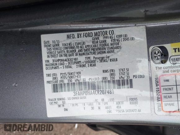 2012 Ford Fusion SE with VIN 3FAHP0HA4CR207481, listed as a IAAI auction lot 42308969 with 198,735 mi miles and . Bid and sale history available at DreamBid. Image 9.