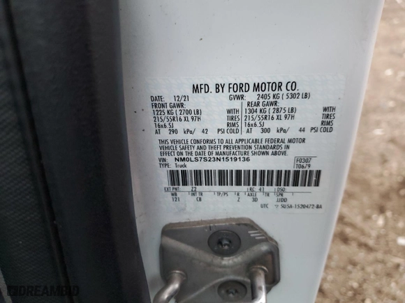 2022 Ford Transit Connect Van XL with VIN NM0LS7S23N1519136, listed as a Copart auction lot 85078584 with 59,488 mi miles and Salvage Title. Bid and sale history available at carsss.com. Image 13.