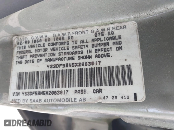 1999 Saab 9-3 z VIN YS3DF58N5X2063017, wystawiony jako IAAI lot #41592018 z przebiegiem 194 886 mil mil oraz . Historia ofert i sprzedaży dostępna na DreamBid. Obrazek 9.