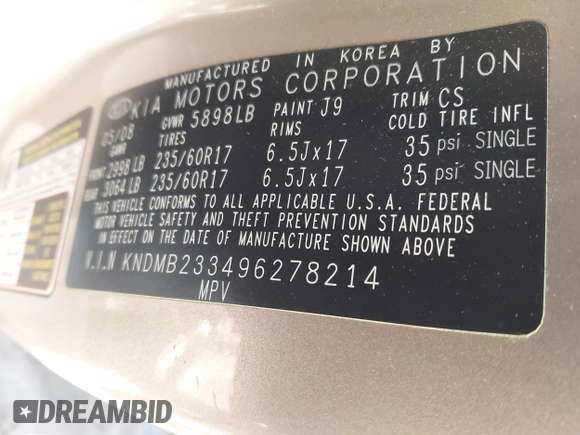 2009 Kia Sedona LX with VIN KNDMB233496278214, listed as a IAAI auction lot 41815456 with 205,799 mi miles. Bid and sale history available at carsss.com. Image 9.