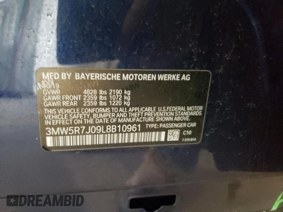 2020 BMW 3 Series 330i xDrive with VIN 3MW5R7J09L8B10961, listed as a Copart auction lot 41601373 with 20,951 mi miles and . Bid and sale history available at DreamBid. Image 13.