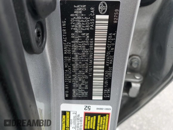 2022 Toyota Camry SE z VIN 4T1G11AK9NU708664, wystawiony jako Copart lot #53104275 z przebiegiem 77 421 mil mil oraz Szkoda całkowita • Salvage title. Historia ofert i sprzedaży dostępna na DreamBid. Obrazek 12.