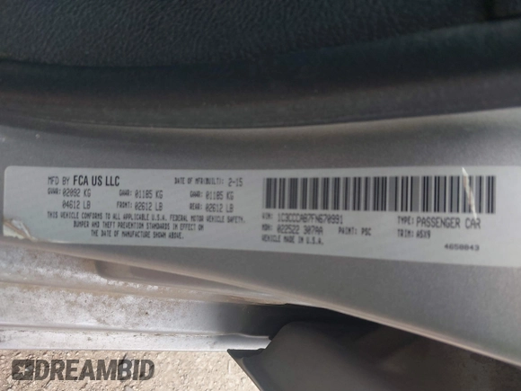 2015 Chrysler 200 Limited with VIN 1C3CCCAB7FN670991, listed as a IAAI auction lot 41625738 with 194,534 mi miles and . Bid and sale history available at DreamBid. Image 9.