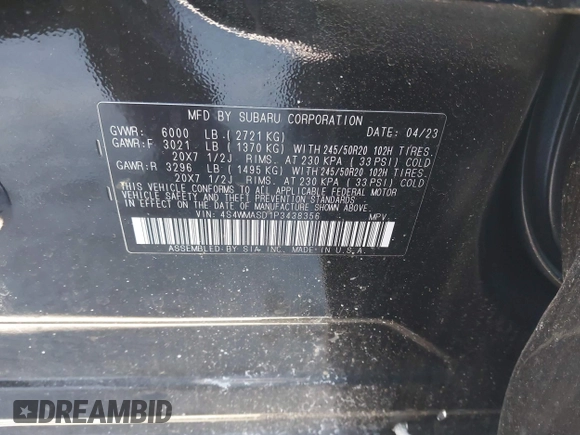 2023 Subaru Ascent Limited с VIN 4S4WMASD1P3438356, выставлен на аукционе IAAI как лот 41541493 с пробегом 30 345 миль миль и . История ставок и продаж доступна на DreamBid. Изображение 9.