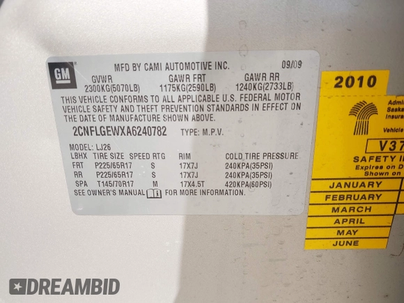 2010 Chevrolet Equinox LTZ with VIN 2CNFLGEWXA6240782, listed as a IAAI auction lot 42156960 with 181,978 mi miles and . Bid and sale history available at DreamBid. Image 9.