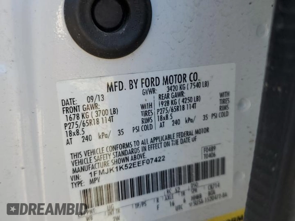 2014 Ford Expedition Max Limited with VIN 1FMJK1K52EEF07422, listed as a Copart auction lot 47033425 with 204,354 mi miles and Salvage title. Bid and sale history available at DreamBid. Image 13.