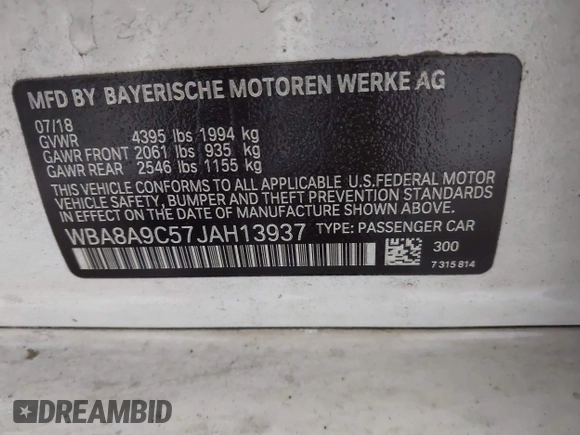 2018 BMW 3 Series 320i with VIN WBA8A9C57JAH13937, listed as a IAAI auction lot 41979917 with 268,115 mi miles. Bid and sale history available at carsss.com. Image 9.