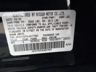 2020 Infiniti Q50 3.0t LUXE with VIN JN1EV7AP9LM207997, listed as a IAAI auction lot 41640527 with 70,351 mi miles. Bid and sale history available at carsss.com. Image 9.