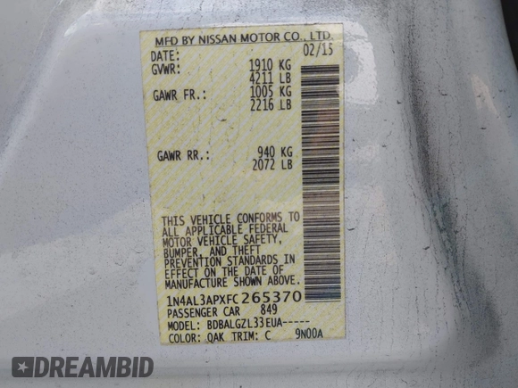 2015 Nissan Altima S with VIN 1N4AL3APXFC265370, listed as a IAAI auction lot 41523438 with 114,372 mi miles and . Bid and sale history available at DreamBid. Image 9.