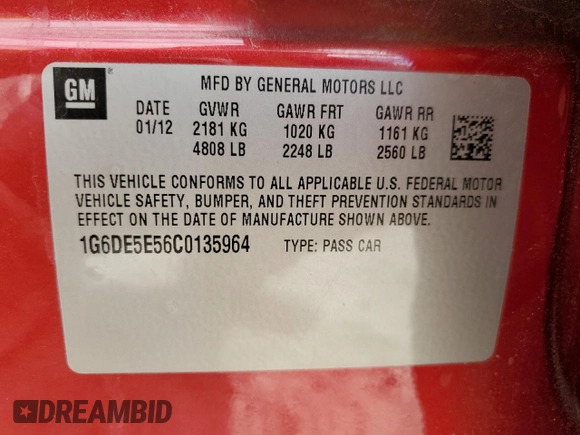 2012 Cadillac CTS Luxury with VIN 1G6DE5E56C0135964, listed as a Copart auction lot 53089505 with 114,258 mi miles and Salvage title. Bid and sale history available at DreamBid. Image 12.