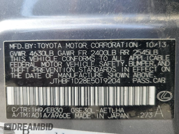 2014 Lexus IS 250 with VIN JTHBF1D28E5019204, listed as a Copart auction lot 48199365 with 93,436 mi miles and Salvage Title. Bid and sale history available at DreamBid. Image 15.