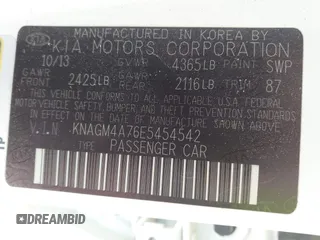 2014 Kia Optima LX with VIN KNAGM4A76E5454542, listed as a IAAI auction lot 42006510 with 192,291 mi miles and . Bid and sale history available at carsss.com. Image 9.