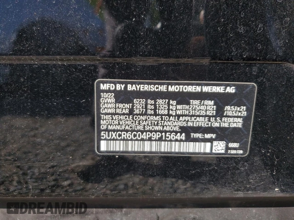 2023 BMW X5 xDrive40i with VIN 5UXCR6C04P9P15644, listed as a Copart auction lot 60710885 with 49,077 mi miles and Salvage title. Bid and sale history available at DreamBid. Image 13.
