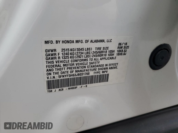 2018 Honda Pilot EX-L with VIN 5FNYF5H63JB031768, listed as a Copart auction lot 73712364 with 89,654 mi miles and Non repairable. Bid and sale history available at DreamBid. Image 14.